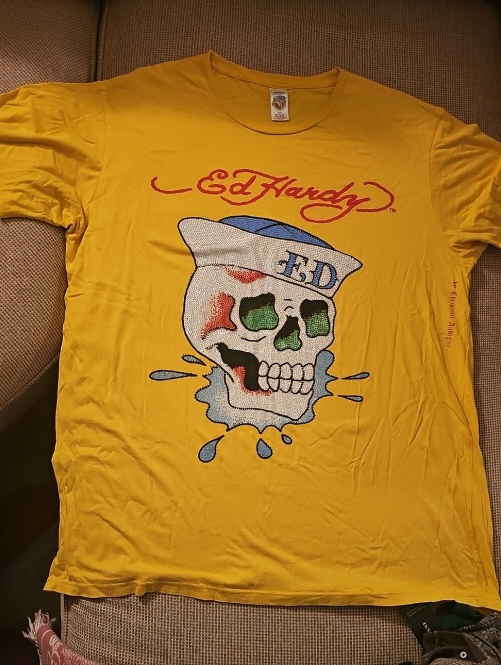 Ed Hardy Yellow Short-Sleeve Sailor Skull Tee with Blue & Green Accents